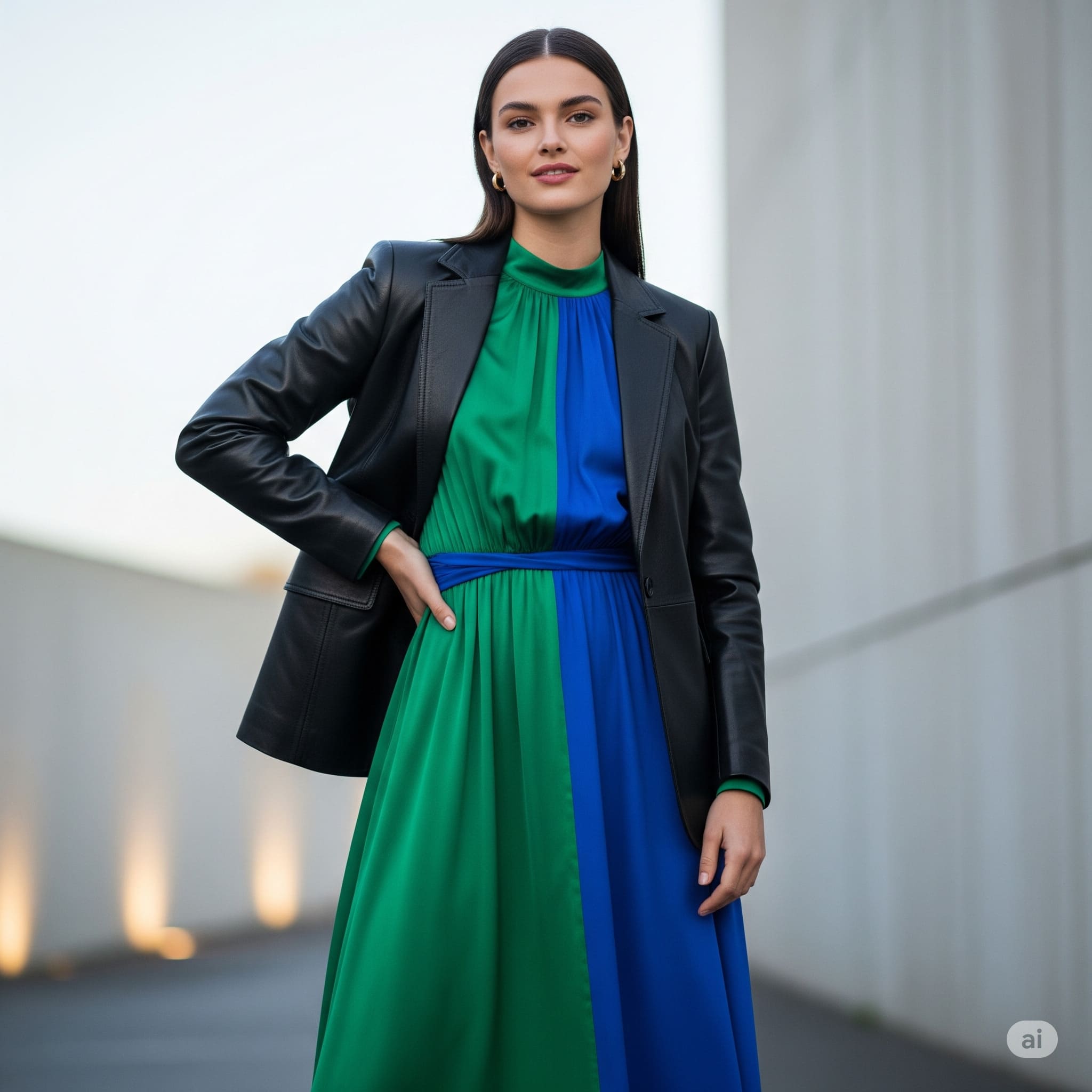 Blazer da + Đầm tương phản
