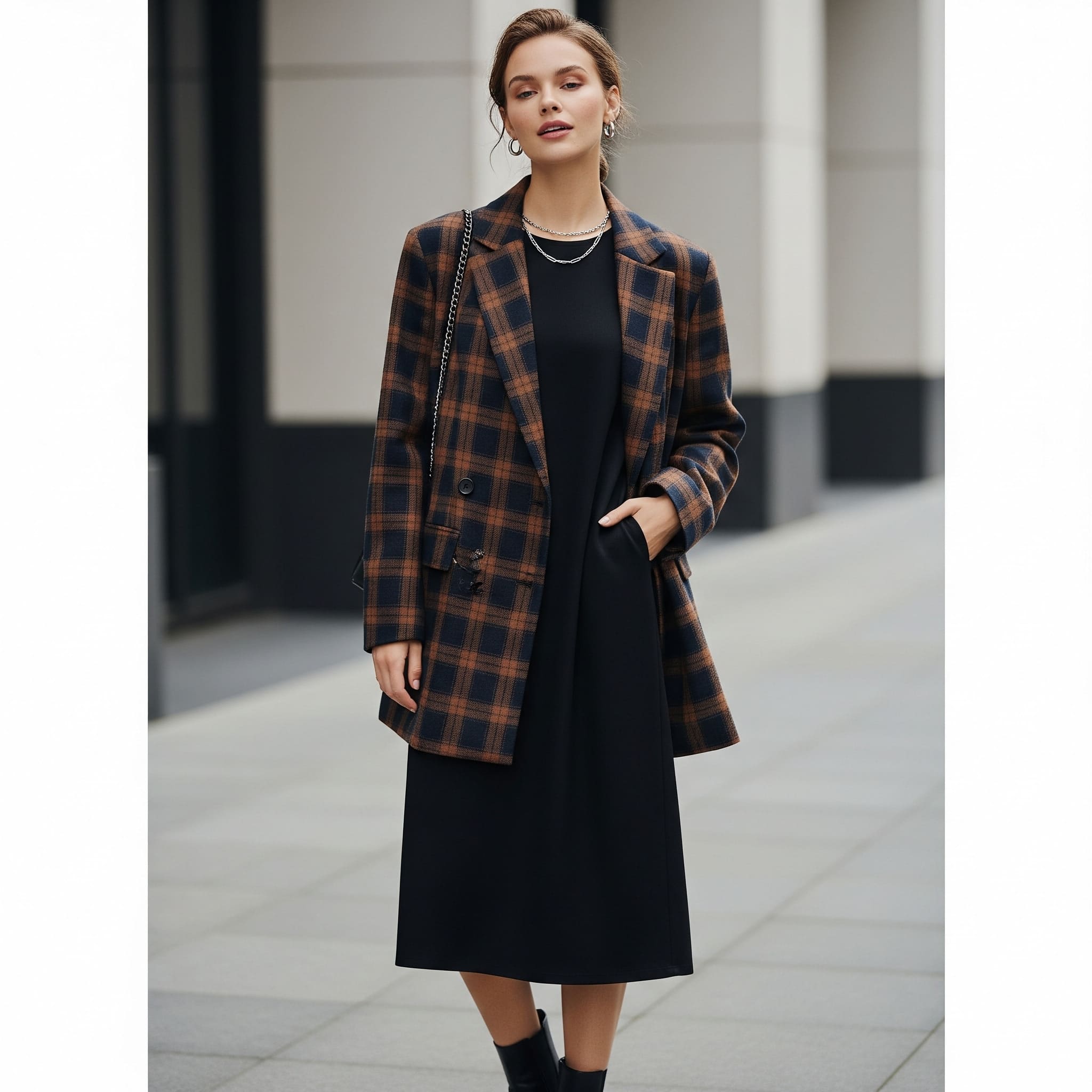 Blazer kẻ caro + Đầm trơn màu