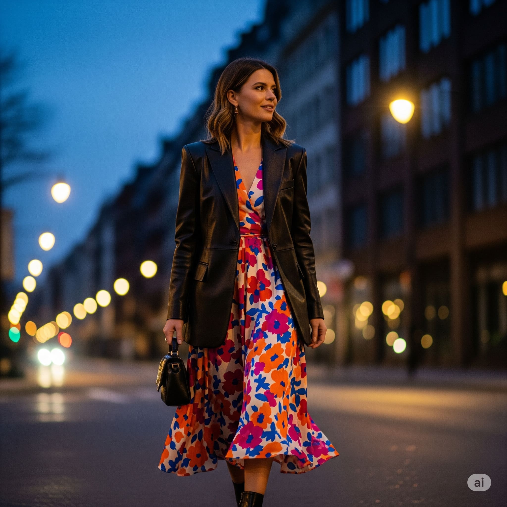Blazer da + Đầm tương phản