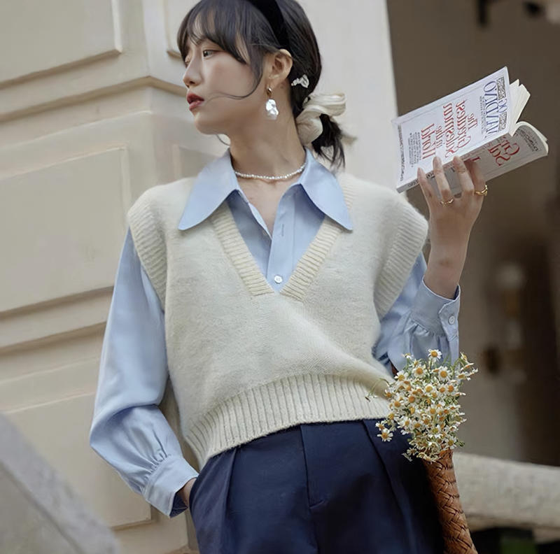 Áo gile len kết hợp sơ mi