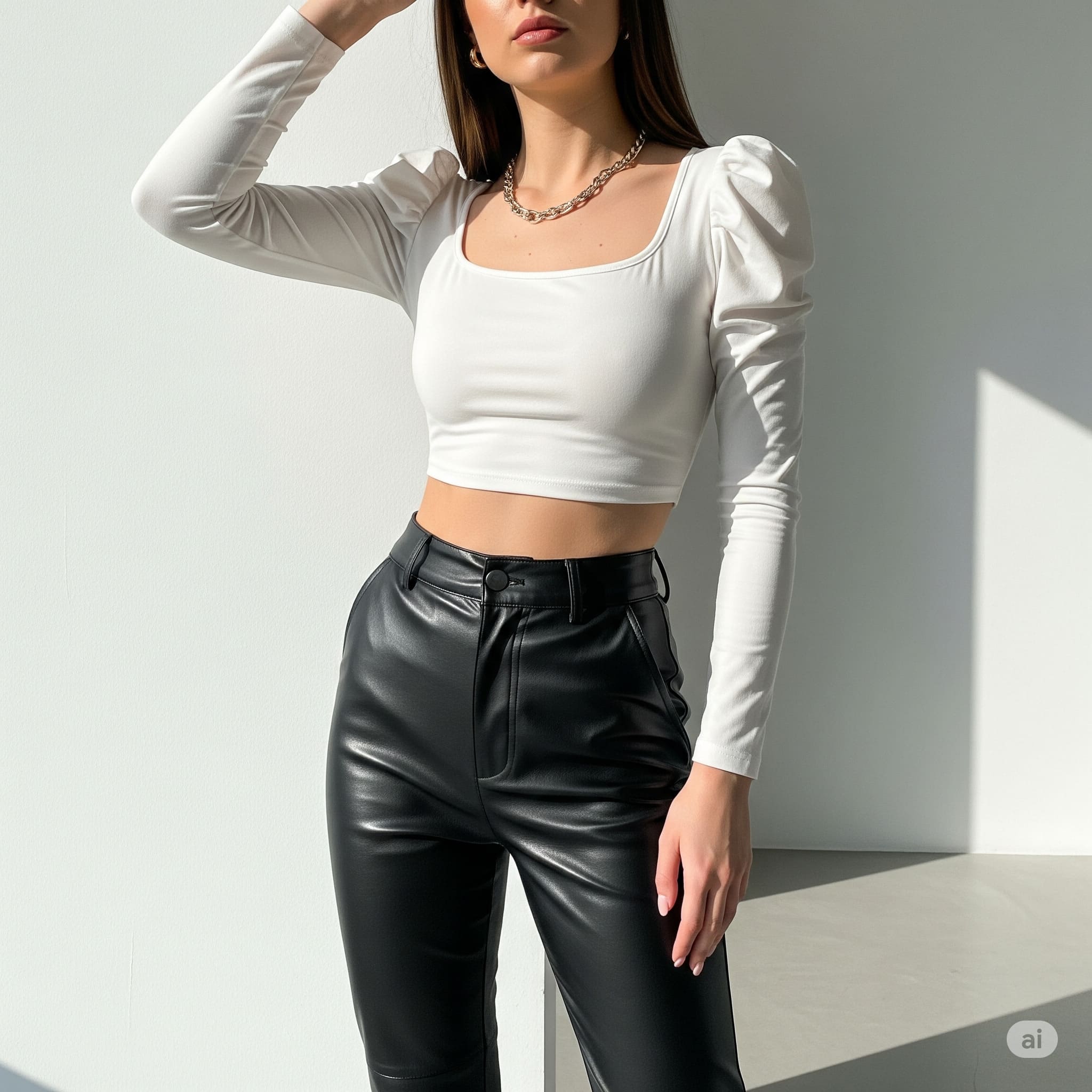 Phối áo croptop tay dài cùng Quần da