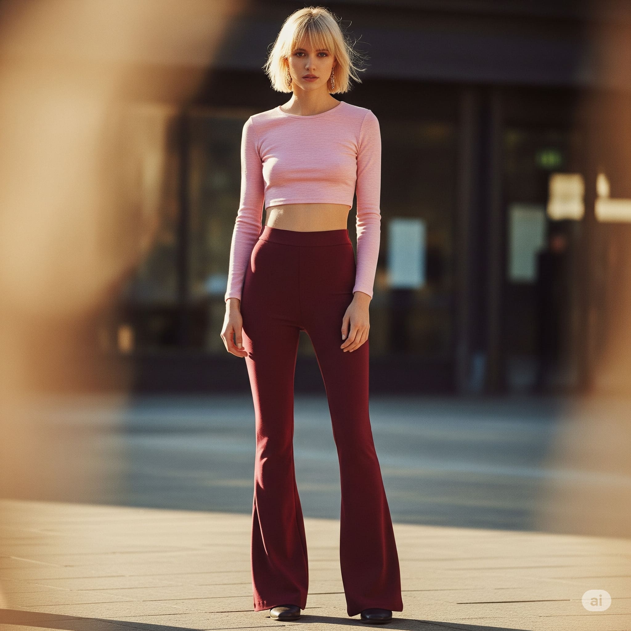Áo croptop tay dài phối cùng Quần ống loe/loe nhẹ