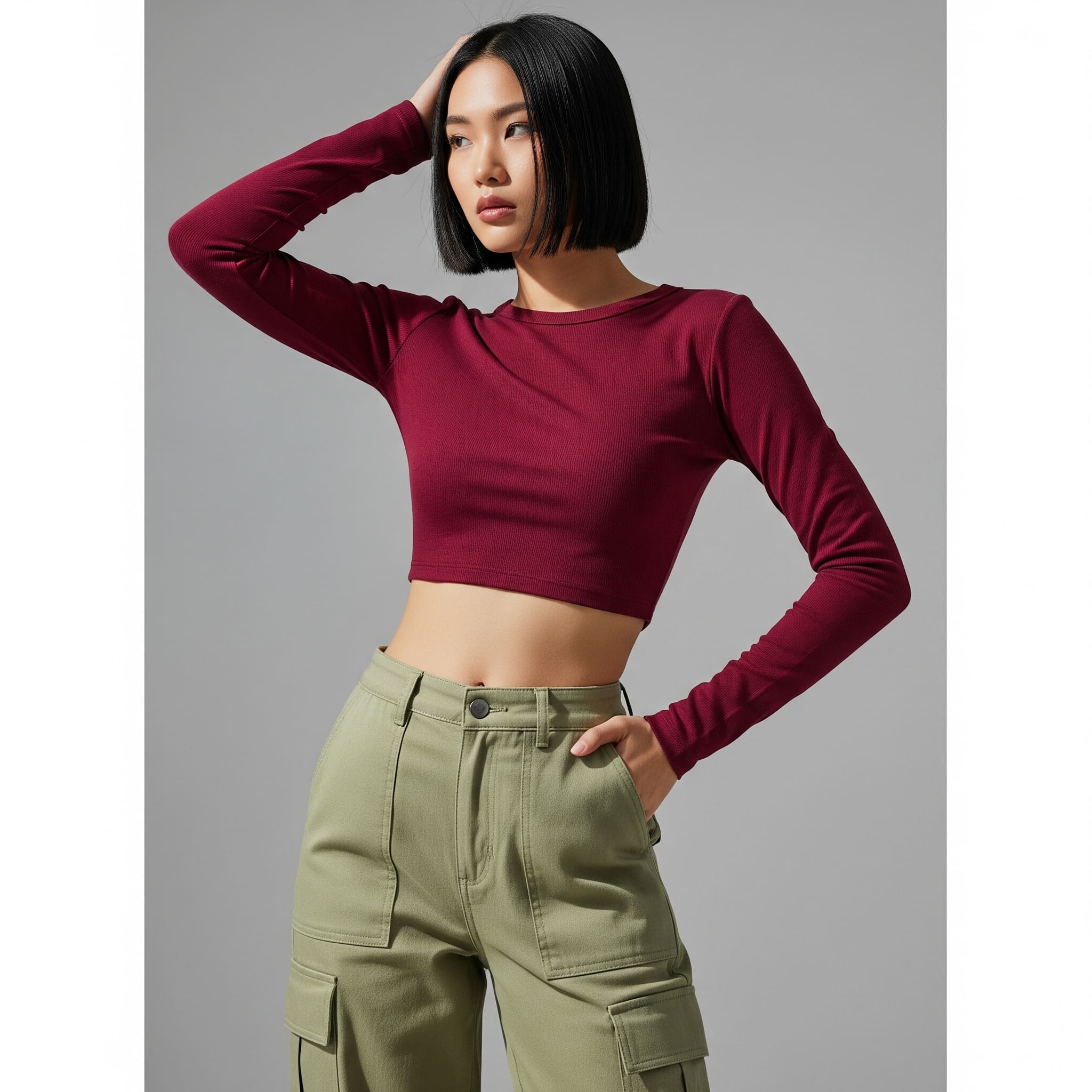 Phối áo croptop tay dài cùng Quần Cargo