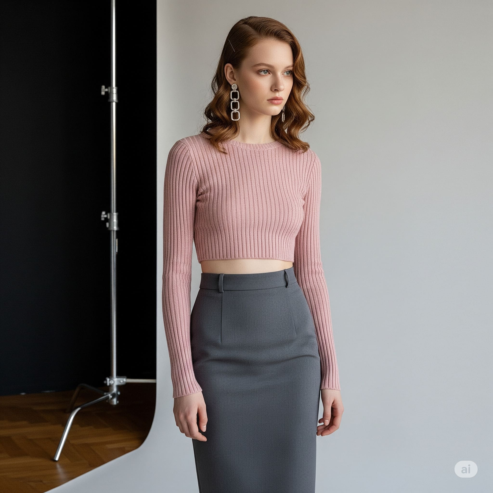 Áo croptop tay dài phối cùng Chân váy bút chì