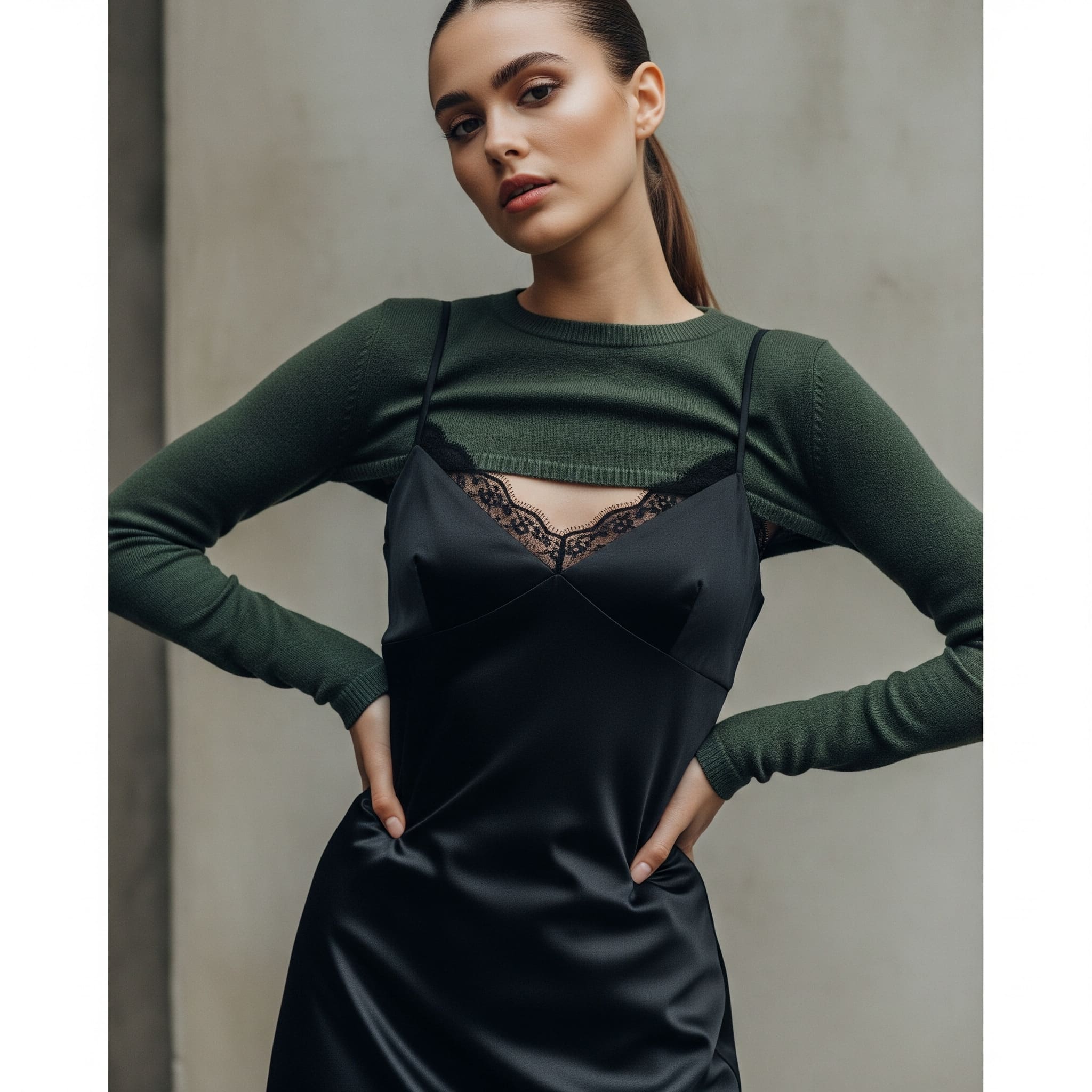 Mặc áo croptop tay dài ra ngoài Đầm Slip