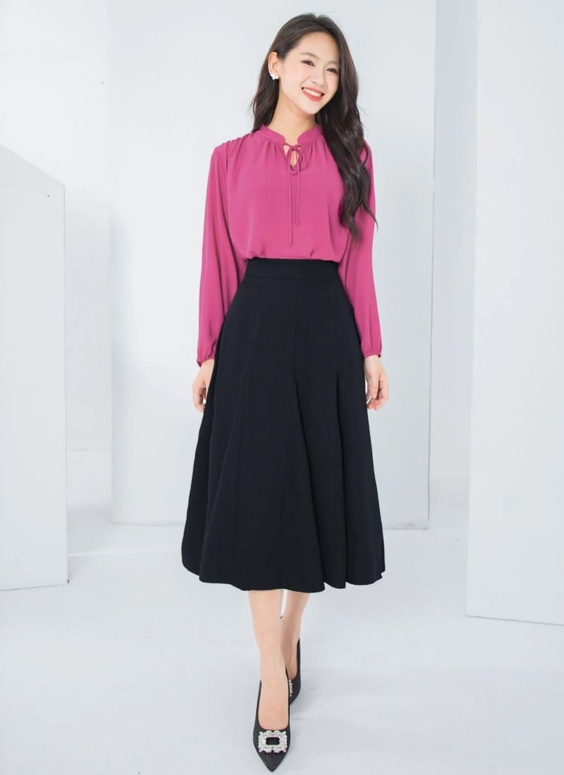Đầm đen dáng xòe tay dài phối voan KK103-30 | Thời trang công sở K&K Fashion