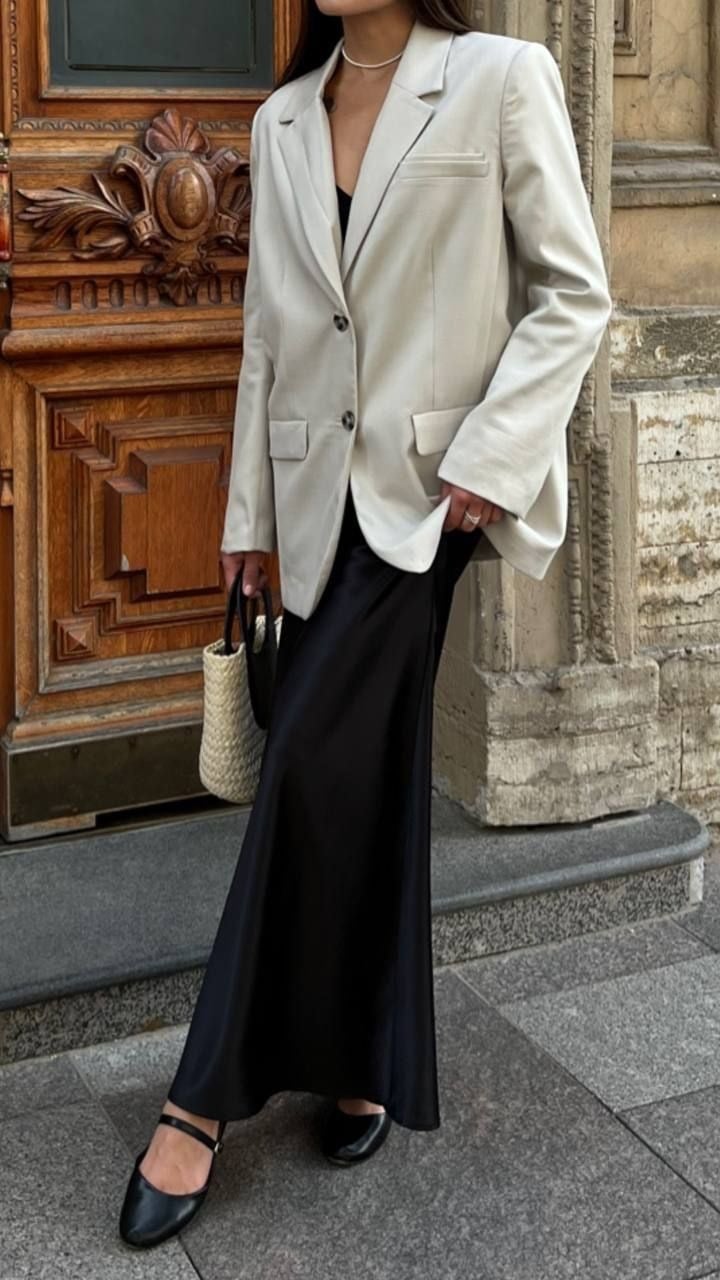 Chân váy lụa dáng suông + áo blazer ngoại cỡ