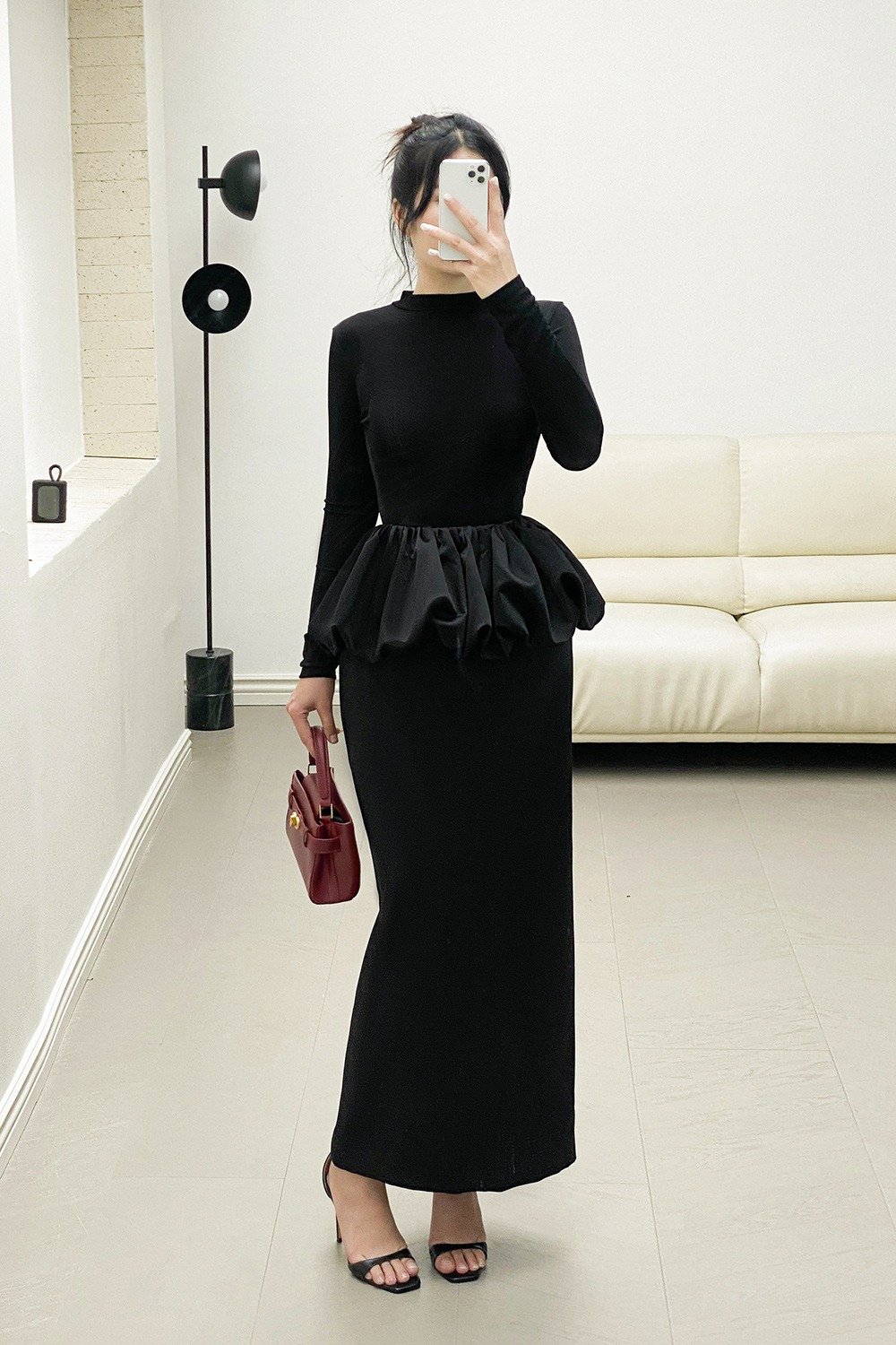 Chân váy lụa dáng maxi Peplum + áo dài tay ôm