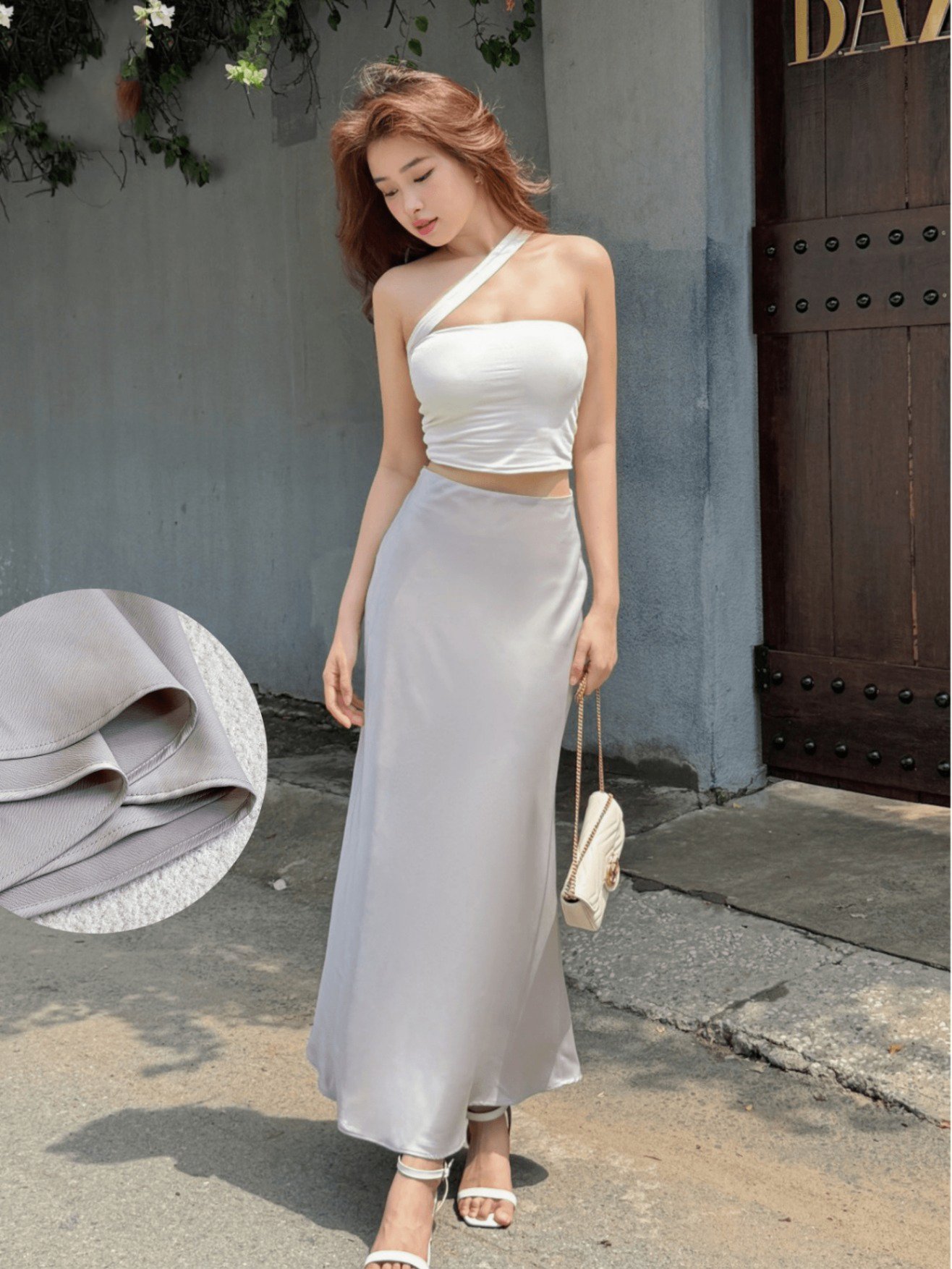 Chân váy lụa dáng suông + áo croptop lệch vai