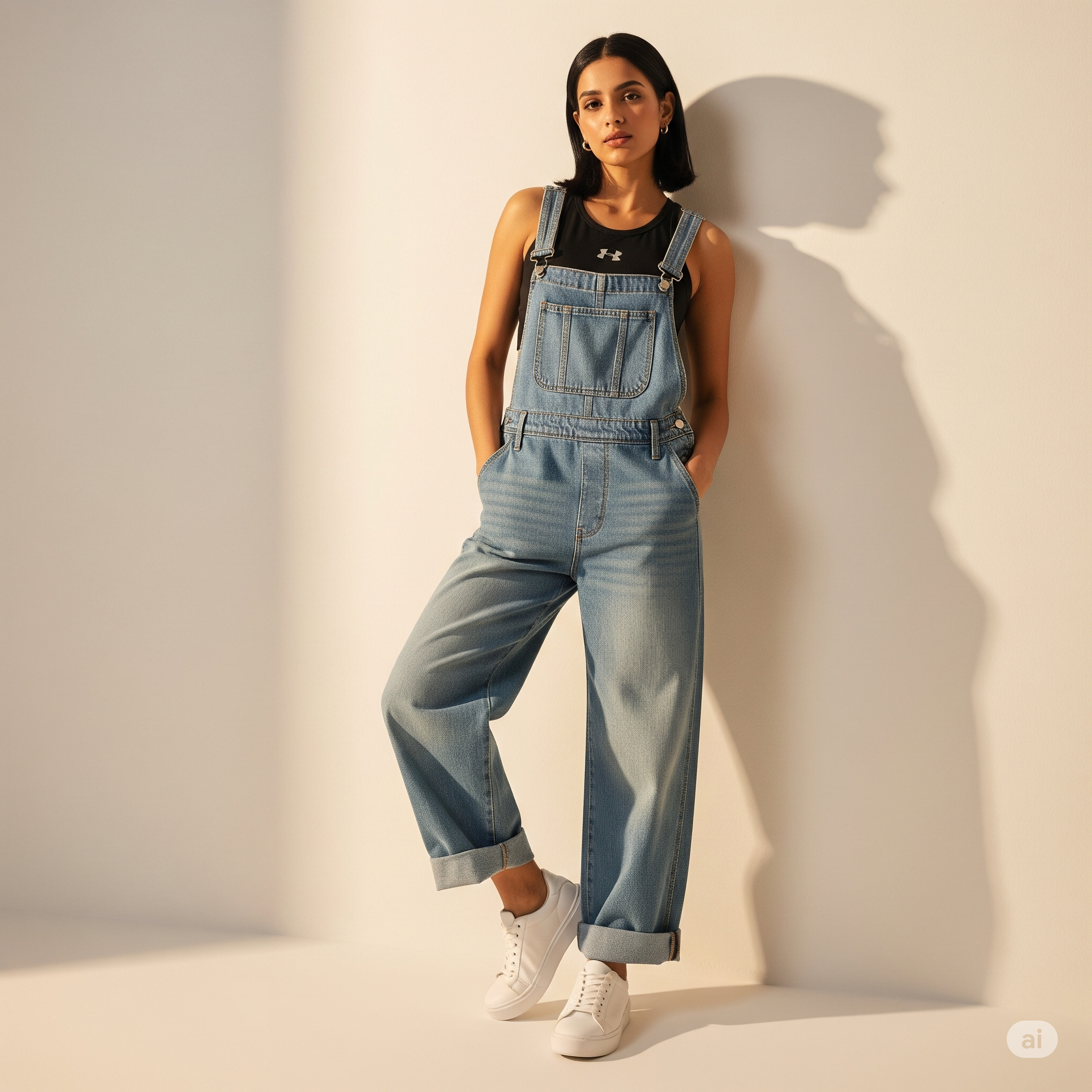 Quần yếm ống rộng kết hợp áo tank top/sport bra và giày sneakers