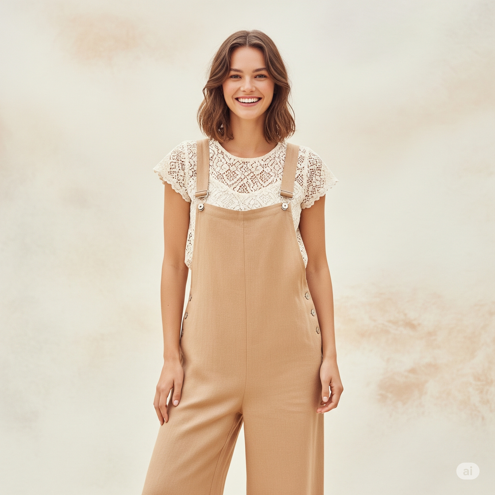 Quần yếm ống rộng vải mềm (linen, đũi) và áo ren