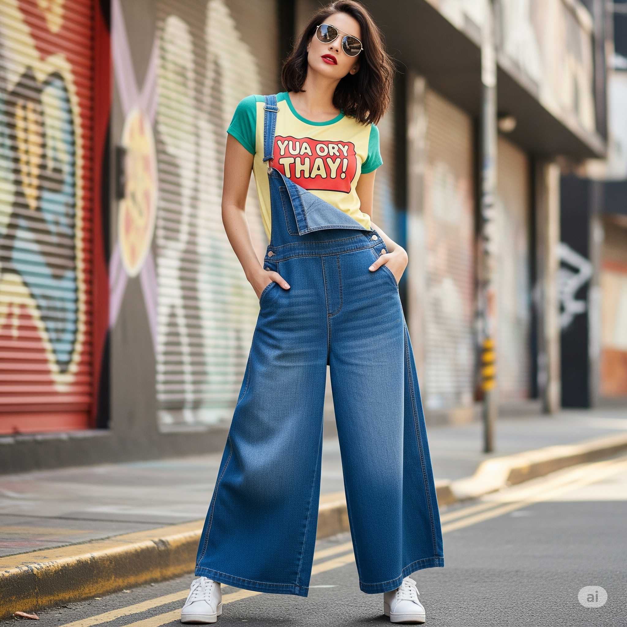 Quần yếm ống rộng và áo phông in hình/slogan ngộ nghĩnh