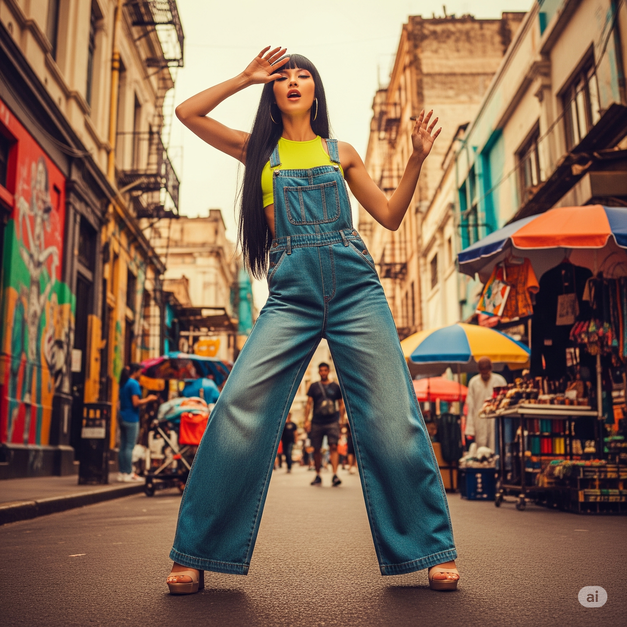Quần yếm ống rộng và áo croptop