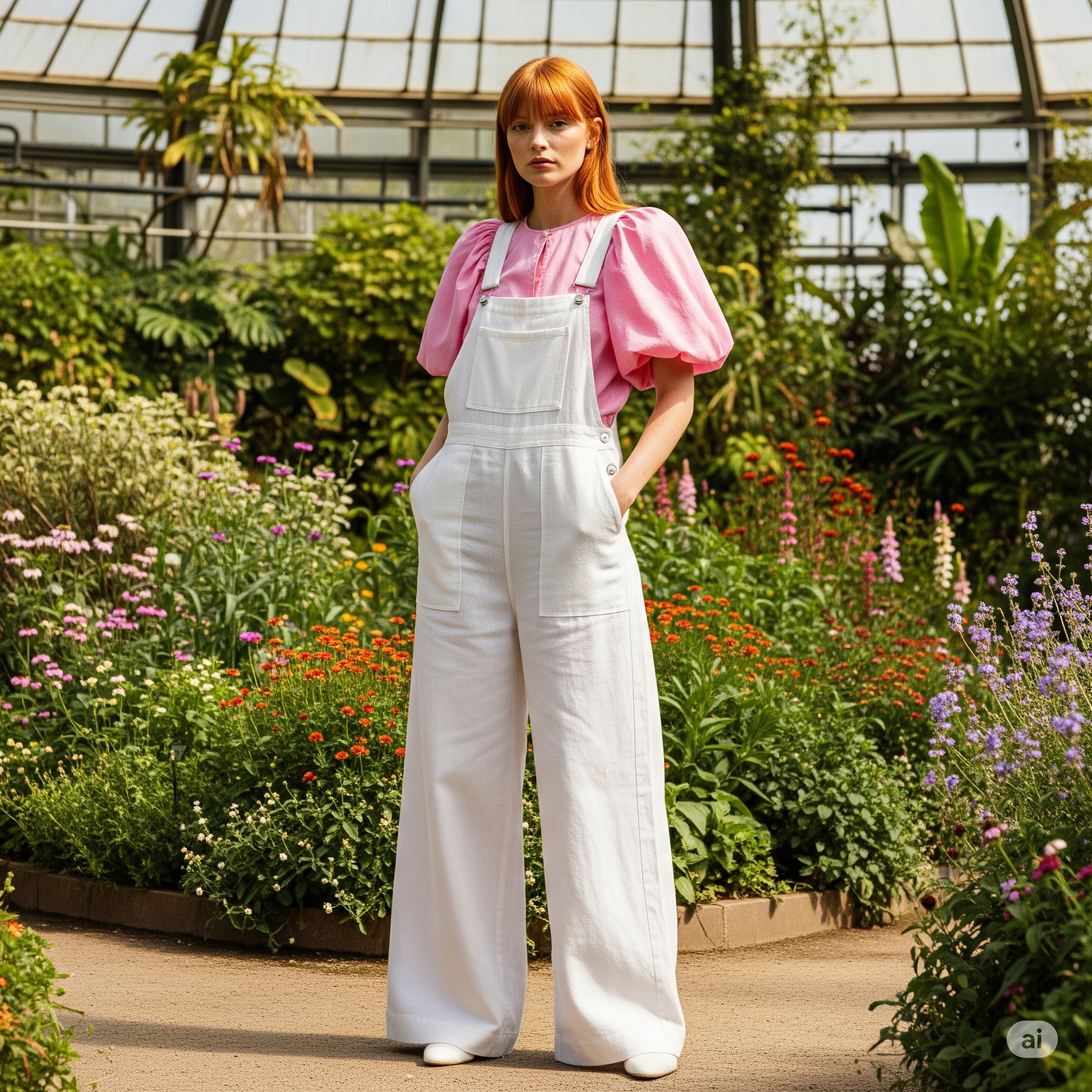 Quần yếm ống rộng và áo blouse tay bồng