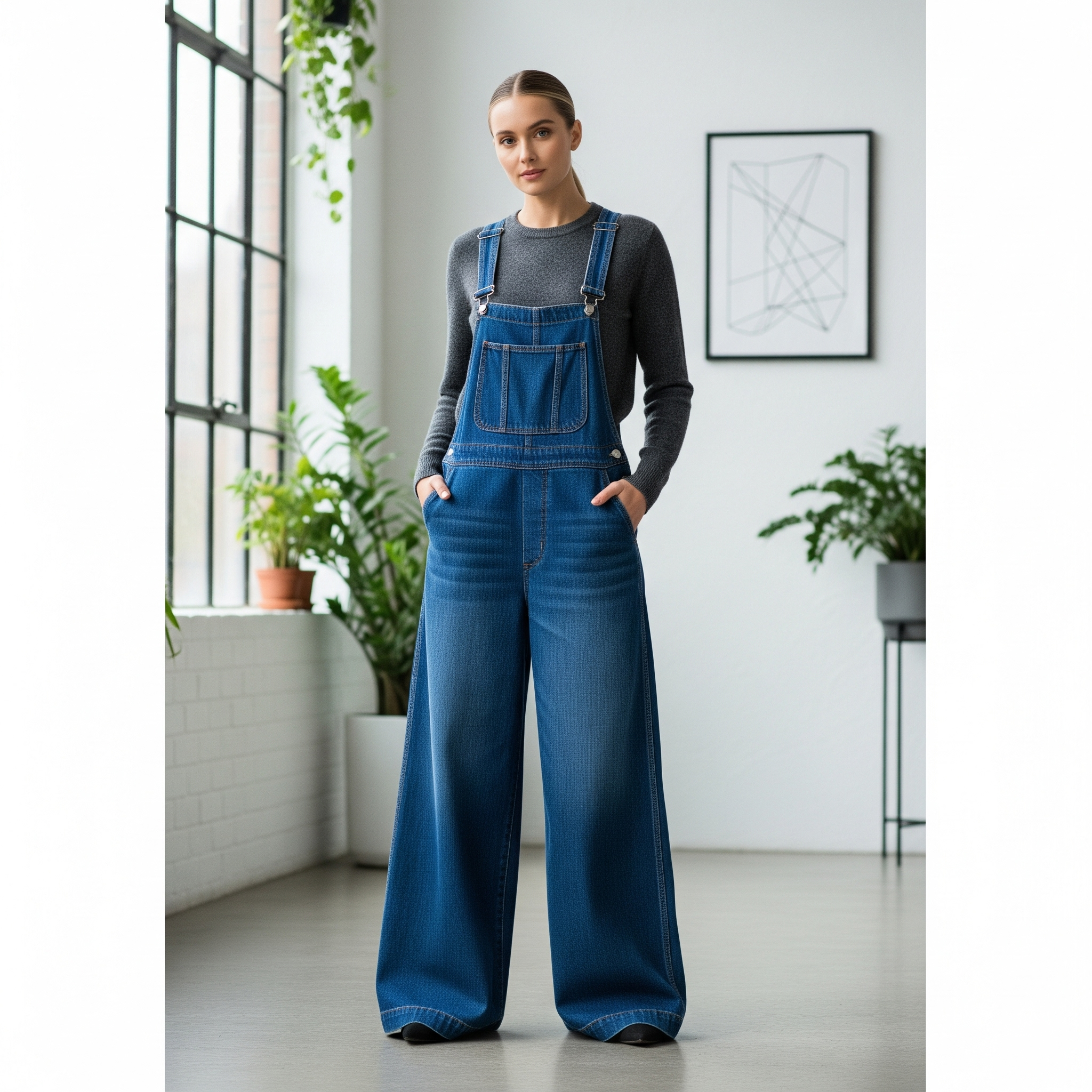 Quần yếm ống rộng phối cùng áo len/sweater