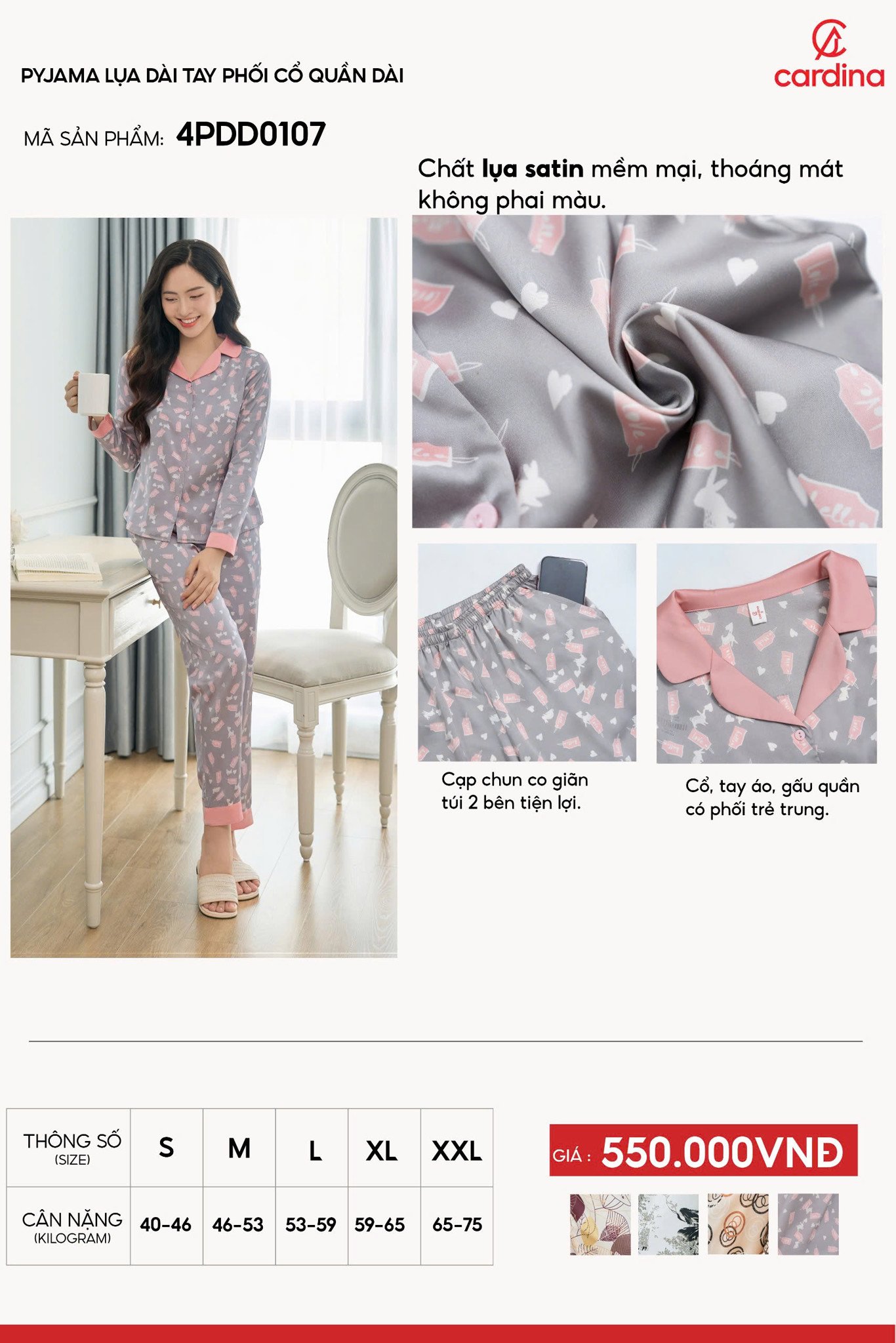 pyjama lụa dài tay phối cổ quần dài