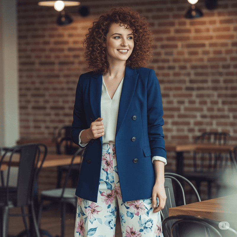 Phối quần hoa ống rộng với áo blazer