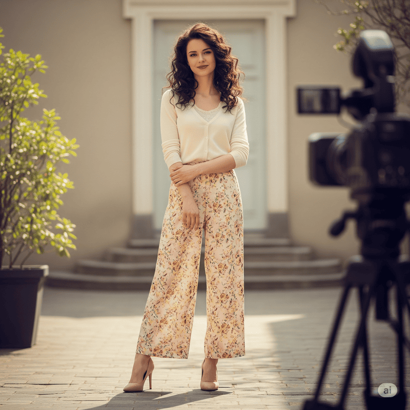 Phối quần hoa ống rộng với áo cardigan