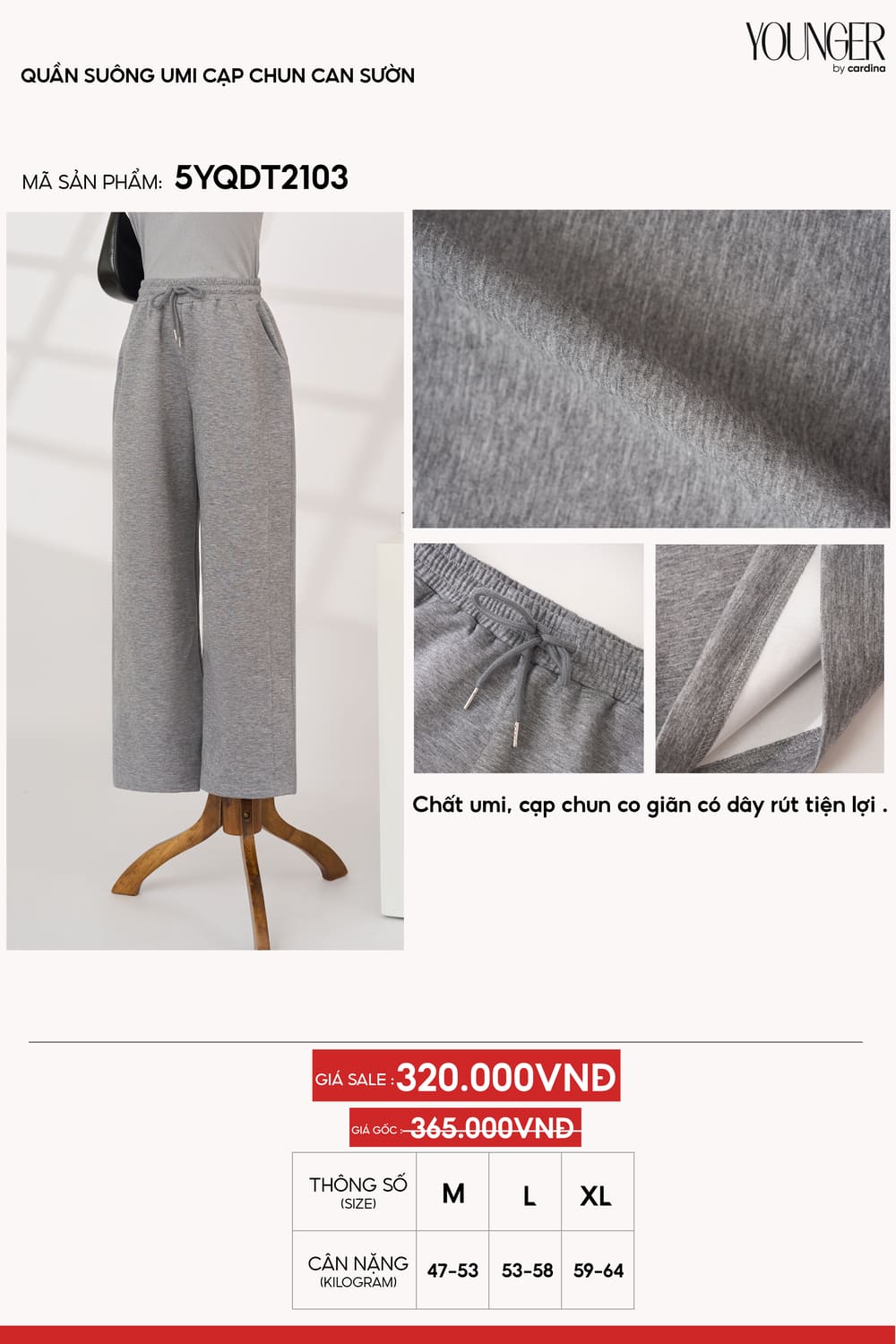 Quần suông umi cạp chun can sườn có dây rút trẻ trung