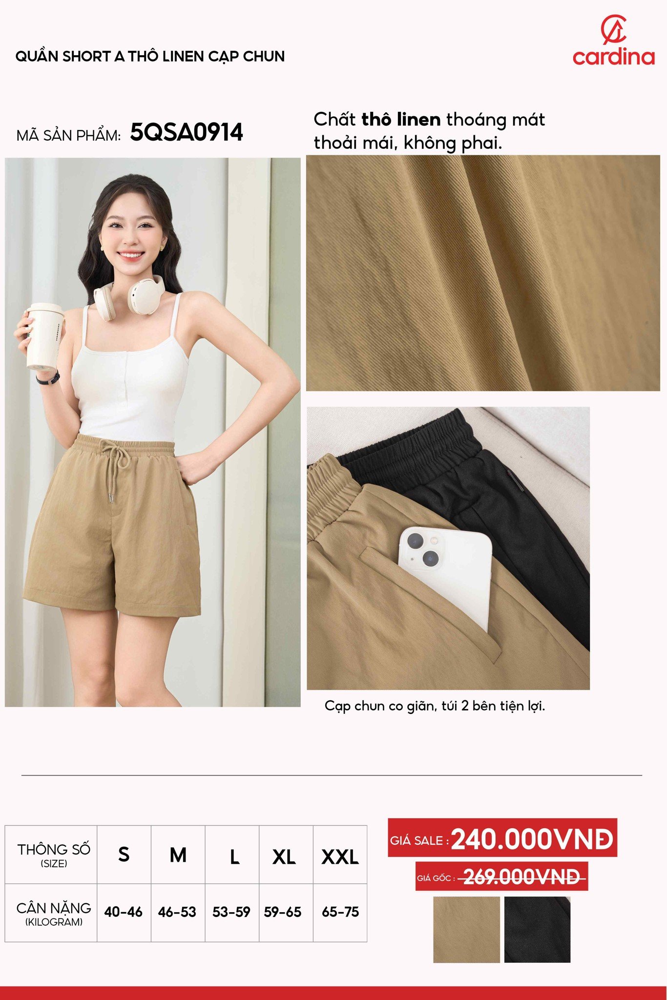 Quần Short Nữ Cardina Dáng Cạp Chun Vải Thô Linen Túi Tiện Lợi