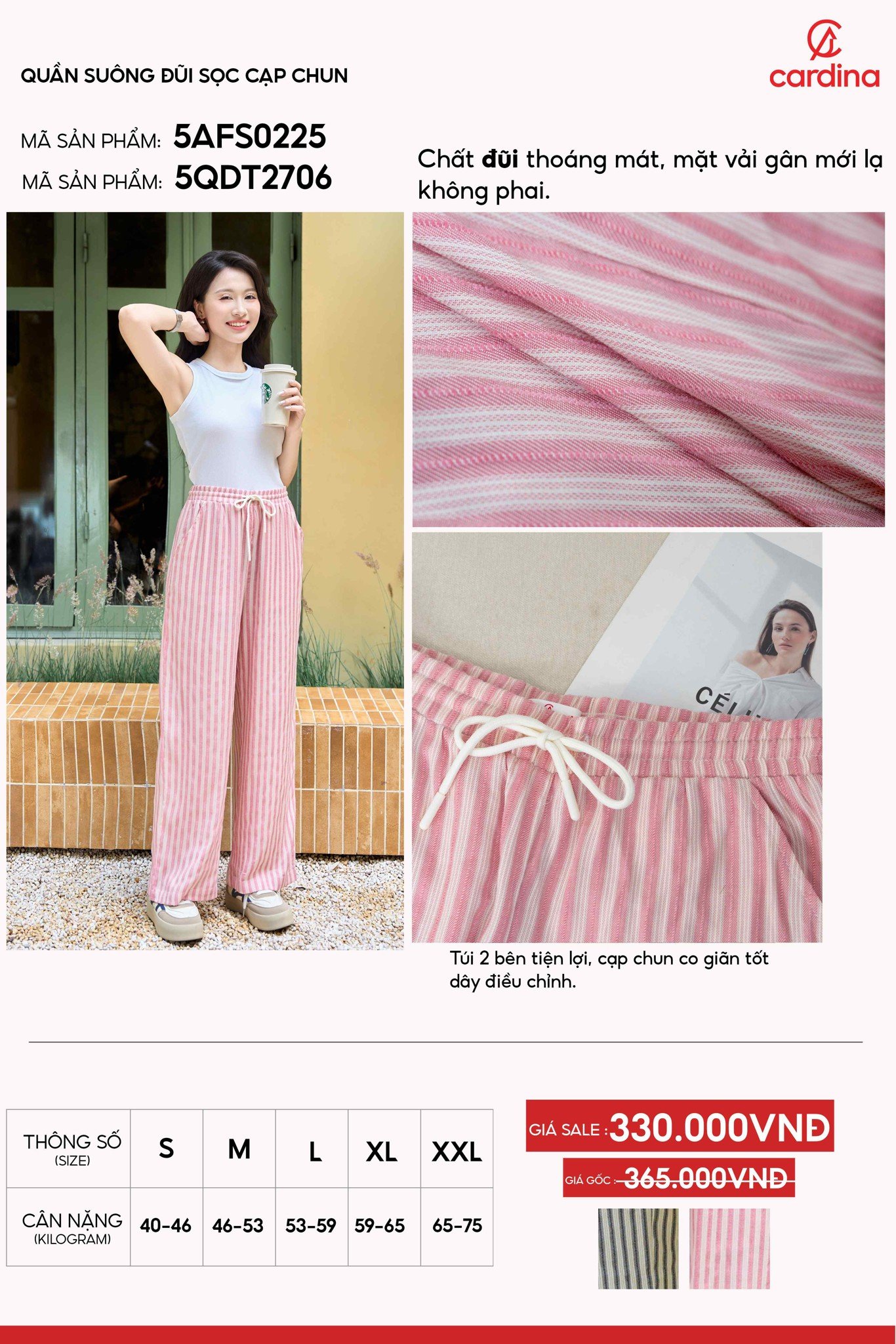 Quần suông nữ Cardina dòng casual vải đũi họa tiết sọc cạp chun