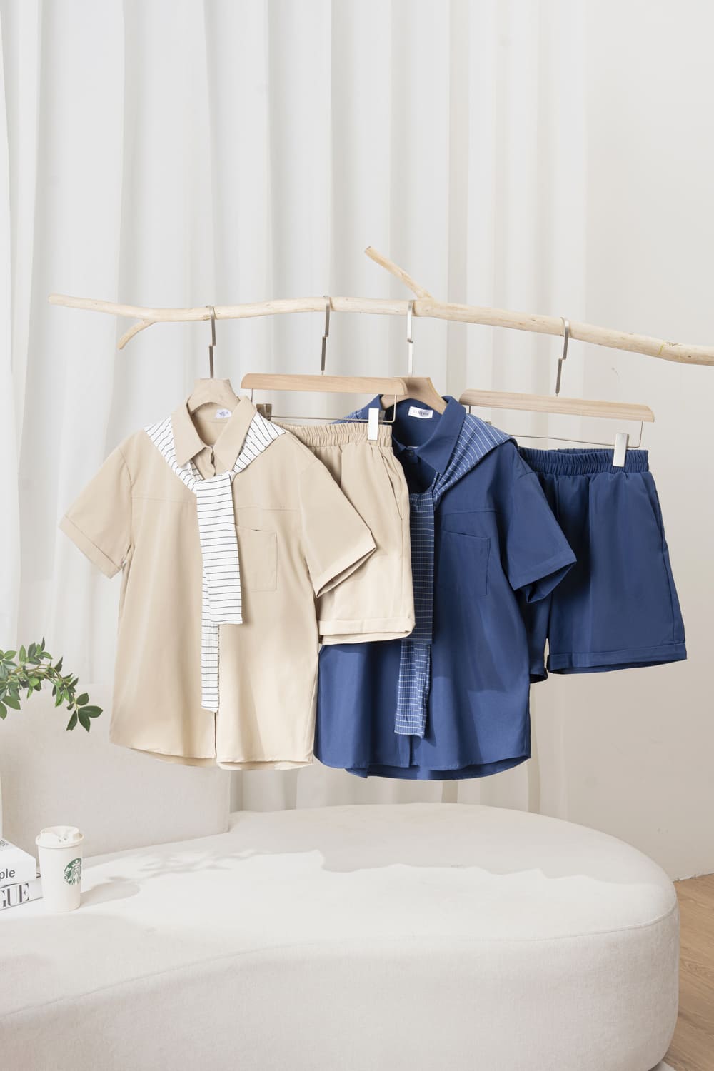 Set sơ mi cộc tay nữ cổ kẻ quần đùi chất kaki