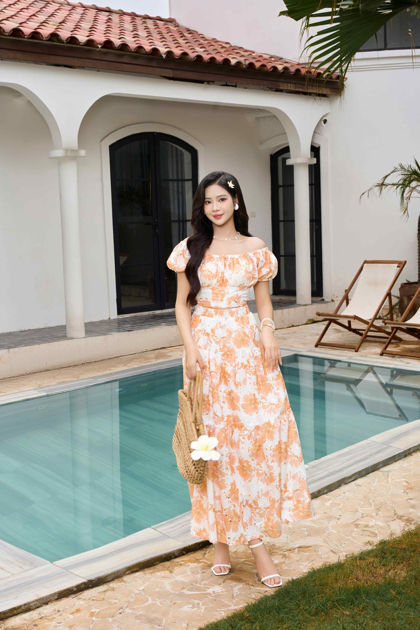 Chân Váy Xòe Nữ Younger by Cardina Dáng Dài Vải Thô Thêu Hoa Nổi Cạp Chun