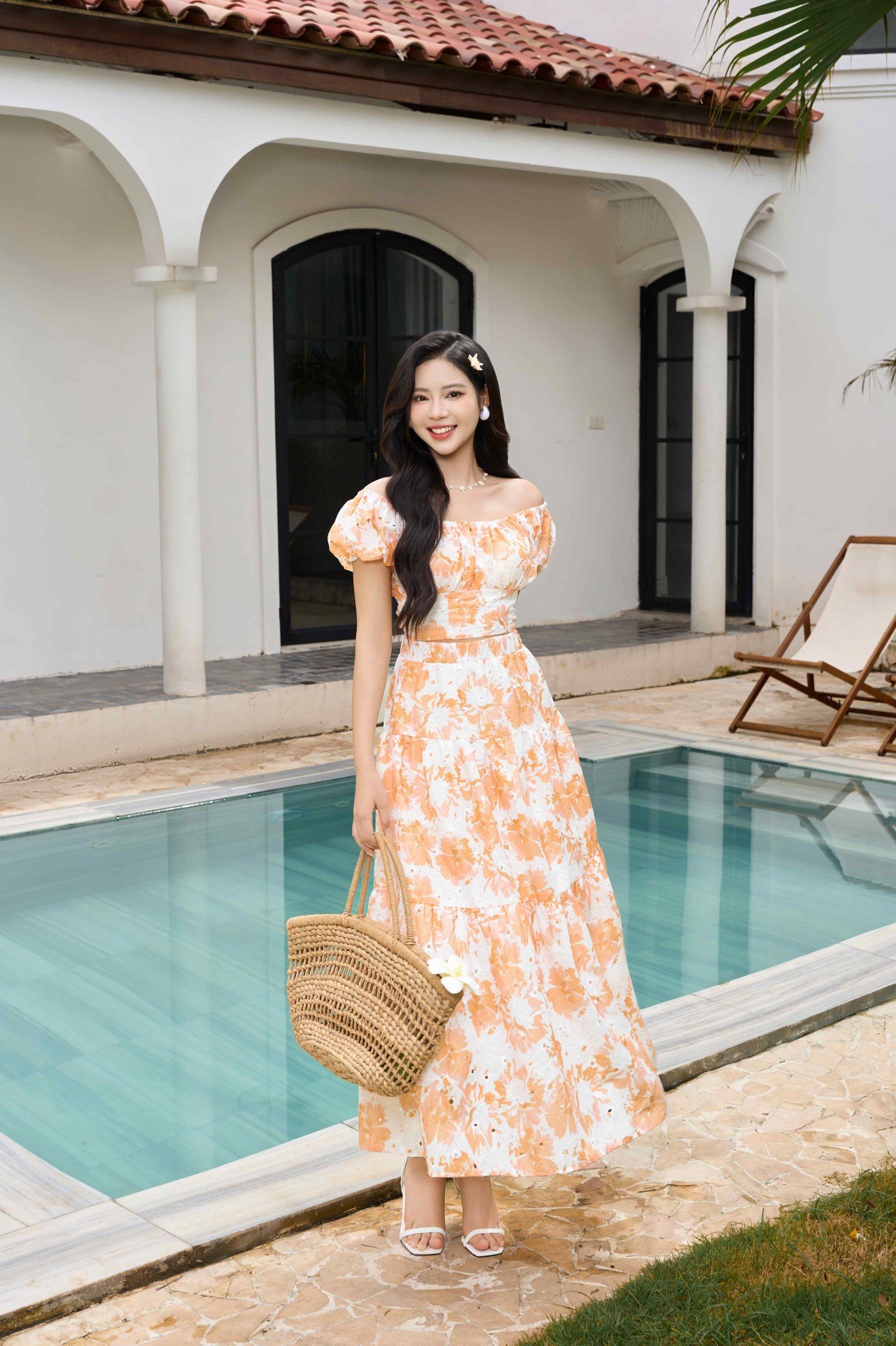 Chân Váy Xòe Nữ Younger by Cardina Dáng Dài Vải Thô Thêu Hoa Nổi Cạp Chun