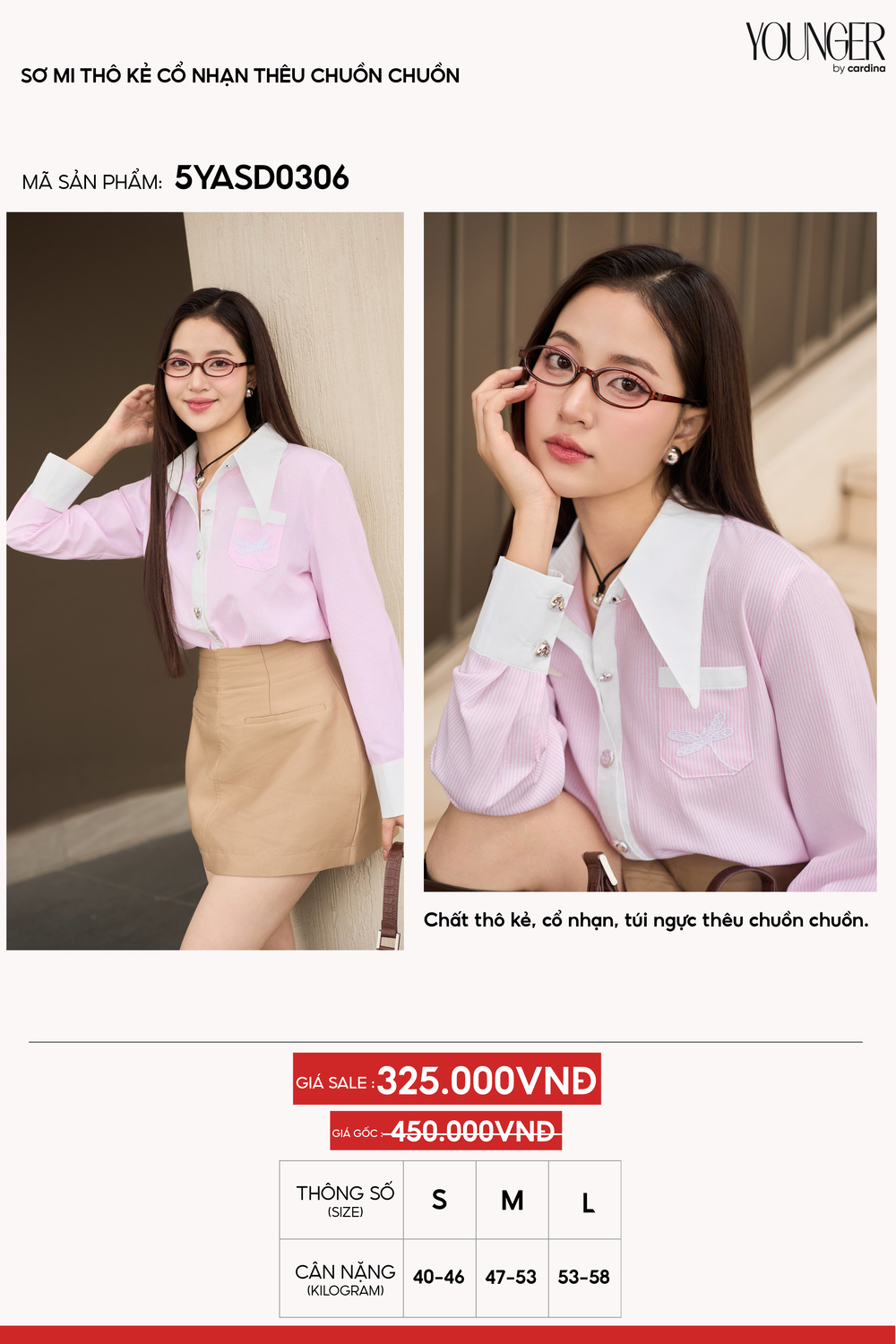 Sơ mi thô kẻ cổ nhạn thêu chuồn chuồn