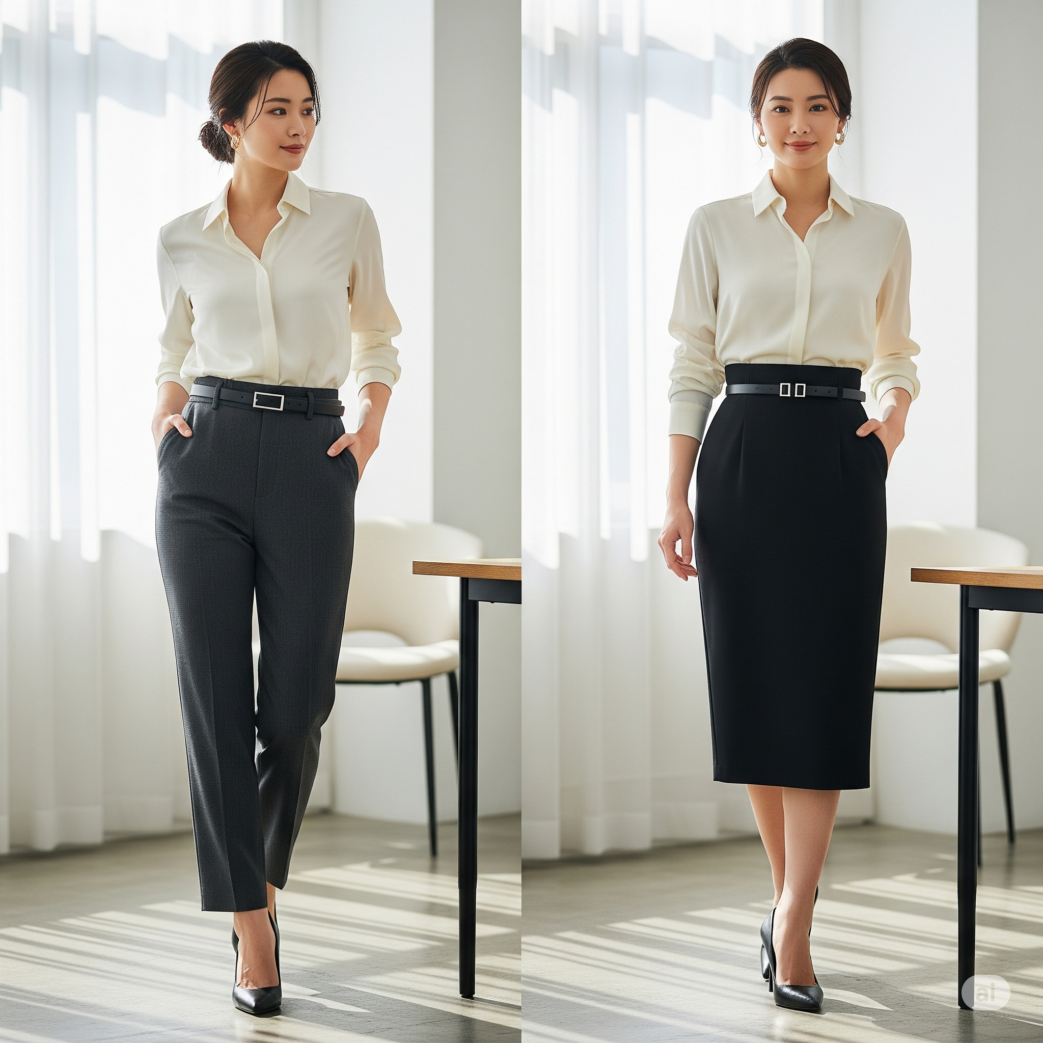 Thanh lịch tuyệt đối với Sơ mi/Blouse và Quần âu/Chân váy bút chì cùng Thắt lưng bản nhỏ