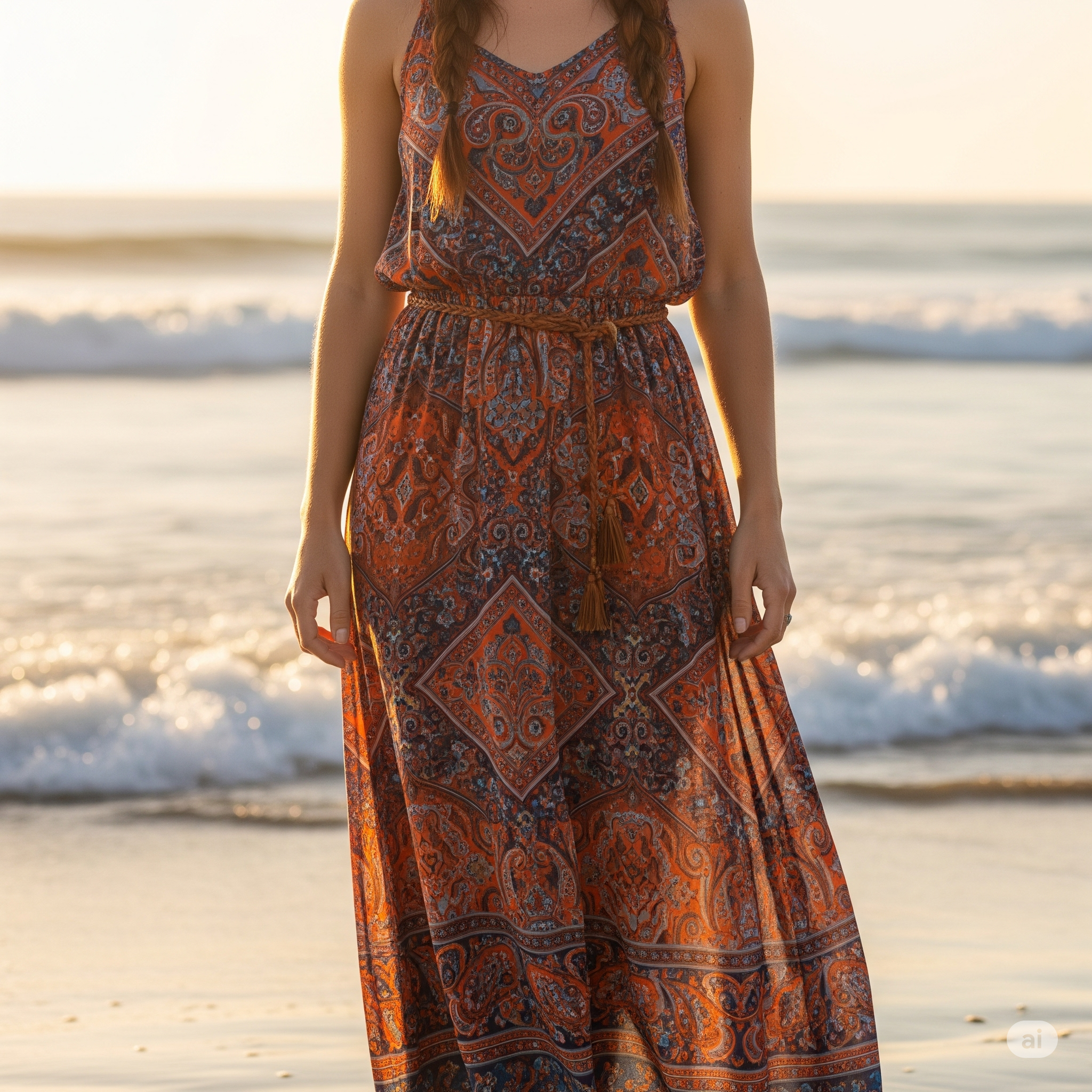 Phong cách Boho phóng khoáng với Váy maxi/Áo tunique và Thắt lưng bản nhỏ da thuộc/ tua rua