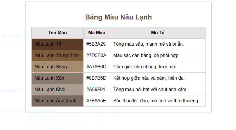 bảng màu nâu lạnh