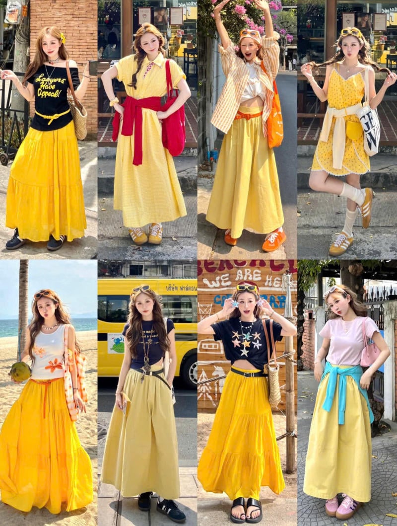 Chân váy màu vàng kết hợp với áo màu vàng