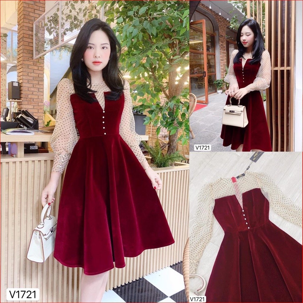 Váy nhung xòe đỏ burgundy tay lưới chấm bi trẻ trung