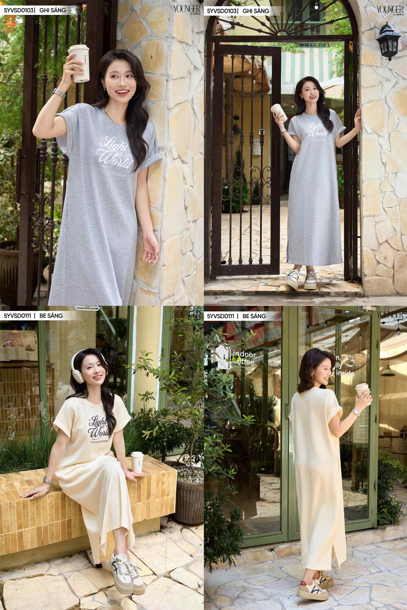 Đầm suông Cardina Younger vải umi lạnh dáng dài in chữ Light The World