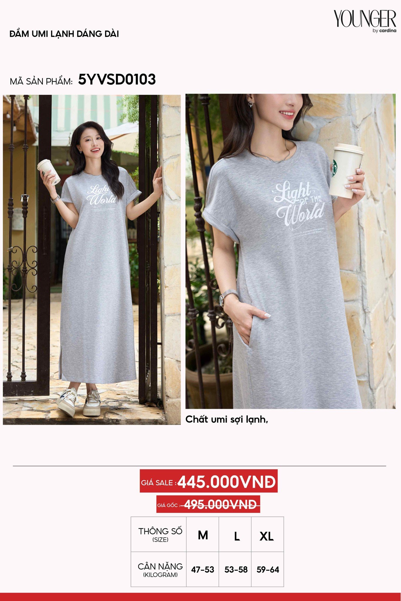 Đầm suông Cardina Younger vải umi lạnh dáng dài in chữ Light The World