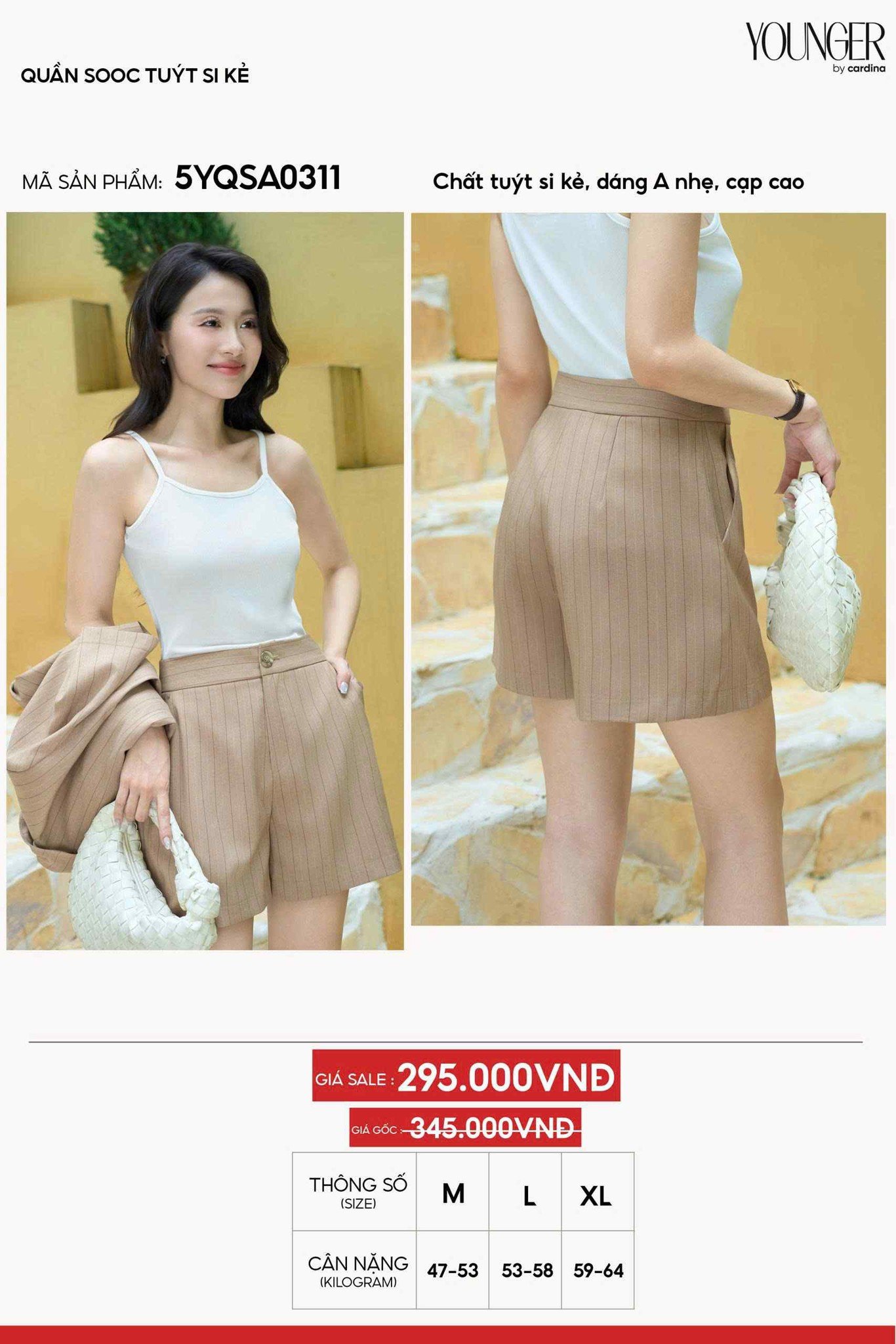 Quần soóc nữ Cardina Younger dòng công sở vải tuyết si kẻ dáng chữ A