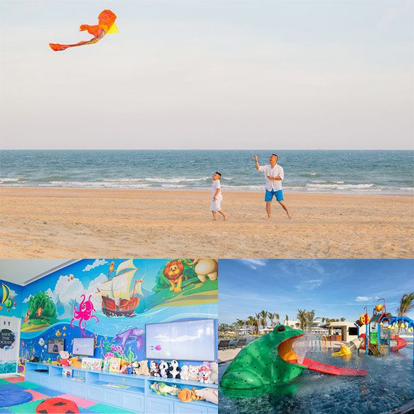 2 cha con thả diều trên bãi biển và khu đồ chơi trẻ em