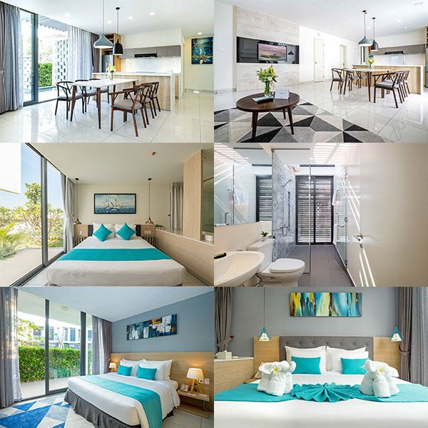 Phòng có bàn ghế,có giường nệm màu trắng, tường bằng gỗ, view ra hướng vườn