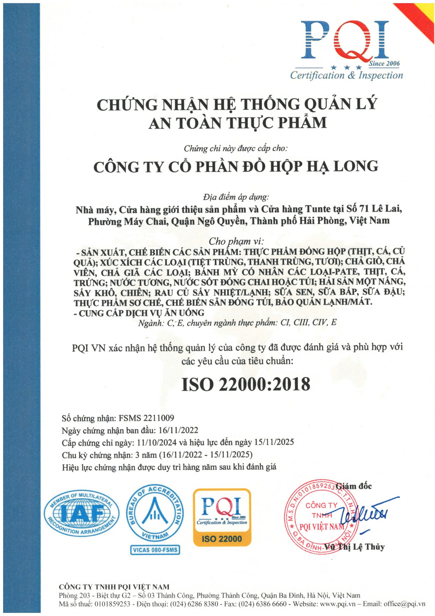 Chứng nhận Hệ thống Quản lý An toàn Thực phẩm ISO 22000:2018