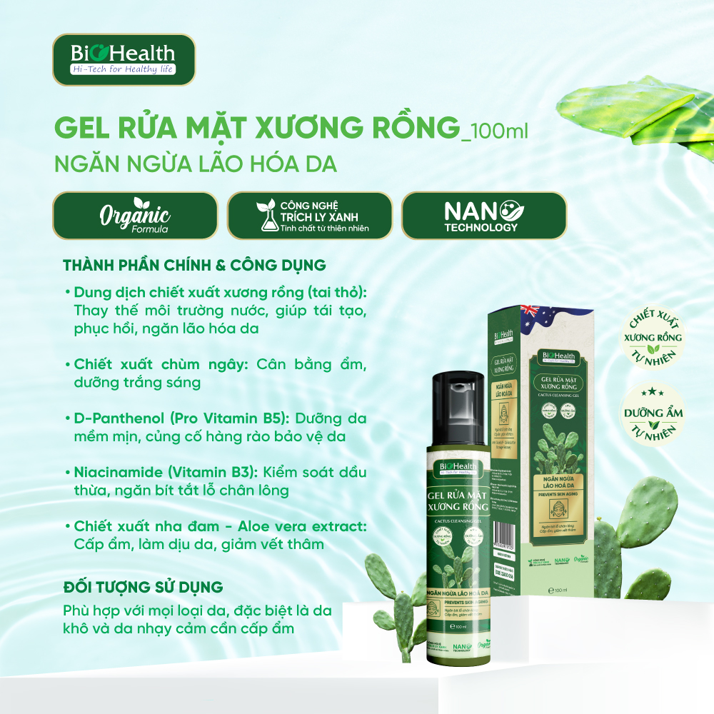 Gel rửa mặt xương rồng BioHealth 100ml
