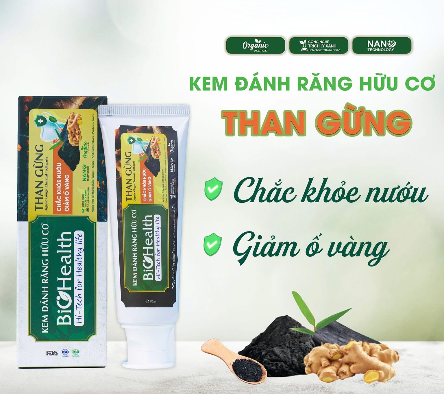Kem đánh răng hữu cơ than gừng BioHealth 70g