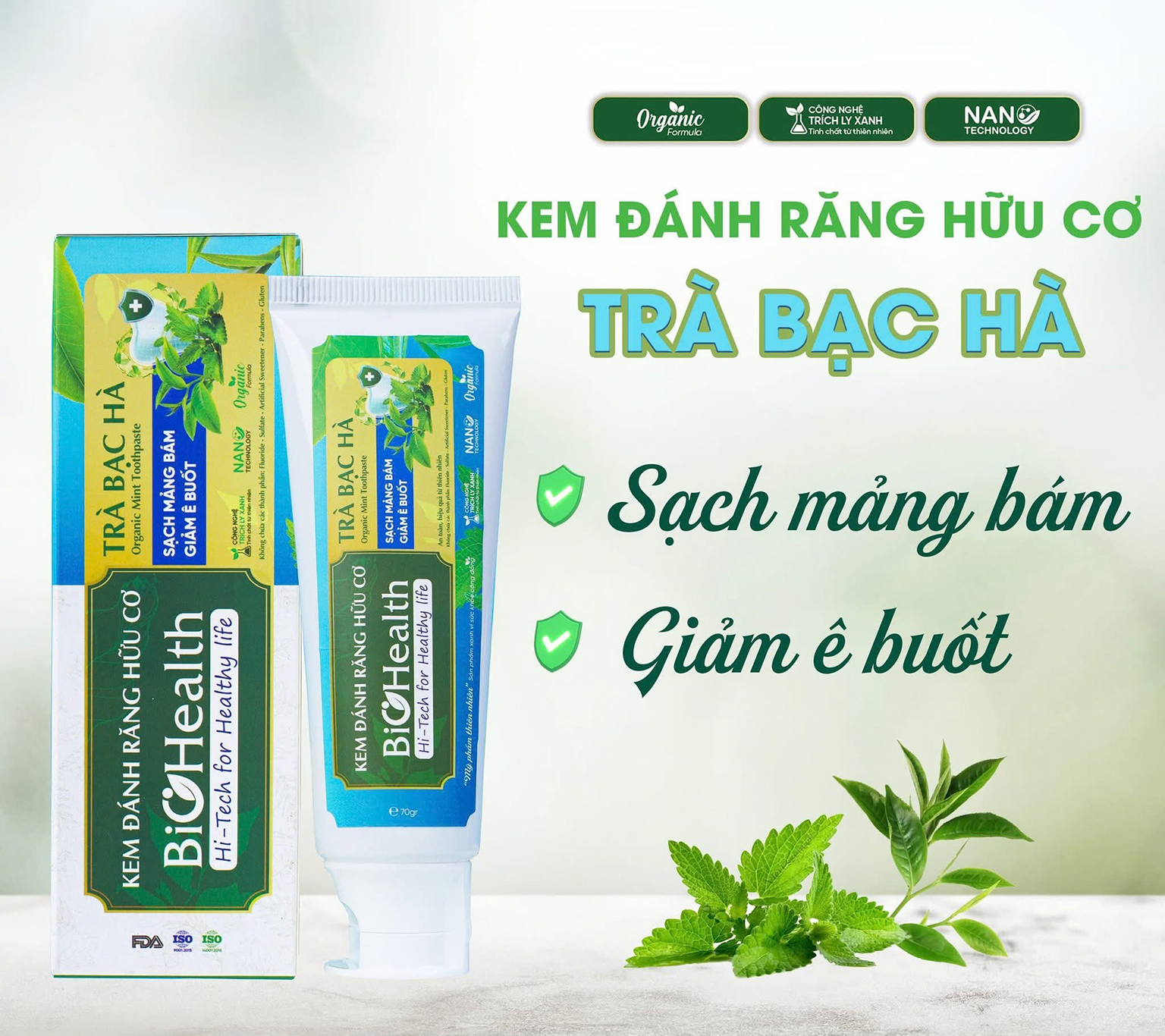 Kem đánh răng hữu cơ trà bạc hà BioHealth 70g