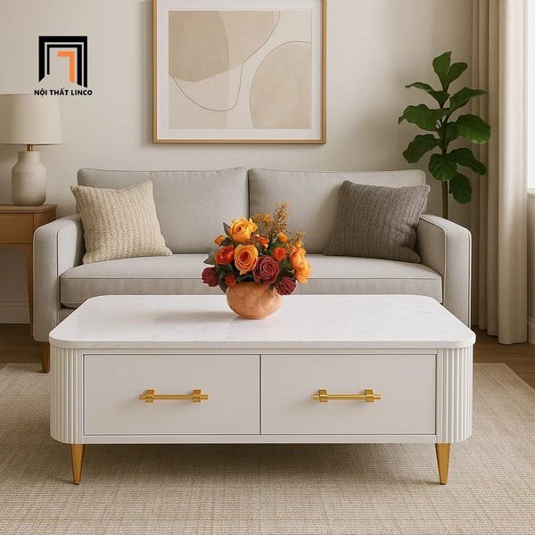 bàn trà hình hộp chữ nhật mặt đá trắng, bàn sofa phòng khách 1m x 50 xinh xắn