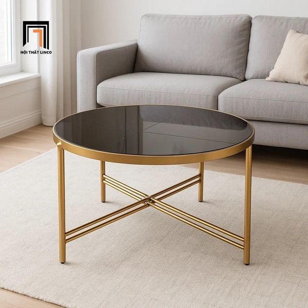 bàn sofa kính tròn đen khung chân sắt vàng, bàn trà nhỏ gọn xinh xắn mặt 60cm