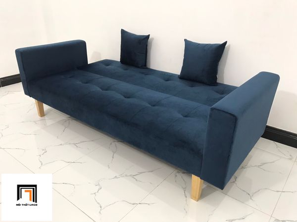 bộ ghế sofa giường nằm dài 2m, ghế sofa băng giường gấp gọn màu xanh đậm, ghế sofa giường vải nhung