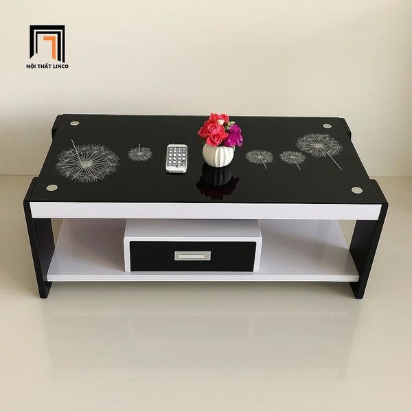 bàn sofa mặt kính in hoa giá rẻ 1m x 50, bàn trà phòng khách có hộc kéo để đồ nhỏ