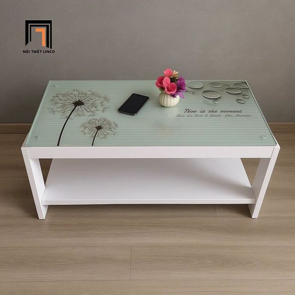 bàn sofa phòng khách chữ nhật 1m x 50 giá rẻ, bàn trà chữ nhật trắng mặt kính in hoa đẹp