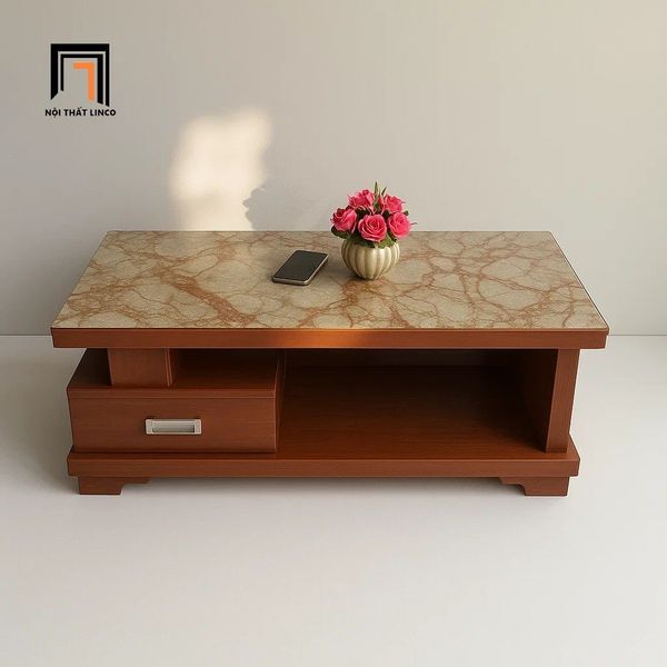 bàn trà chữ nhật mặt kính giả đá, bàn trà phòng khách màu nâu 1m x 50