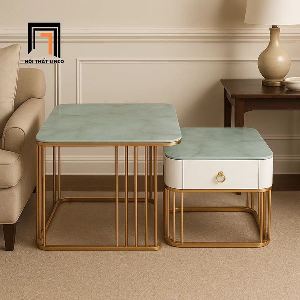 cặp bàn sofa phòng khách vuông nhỏ gọn, cặp 2 bàn trà giá rẻ kính cường lực